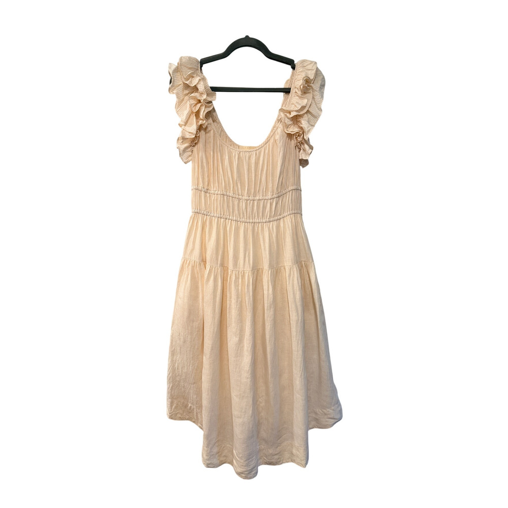 Ulla Johnson 8 Linen Rissa Midi Dress $525 Ruffle Puff Sleeve Smocked Waist Tan - Picture 3 of 11
